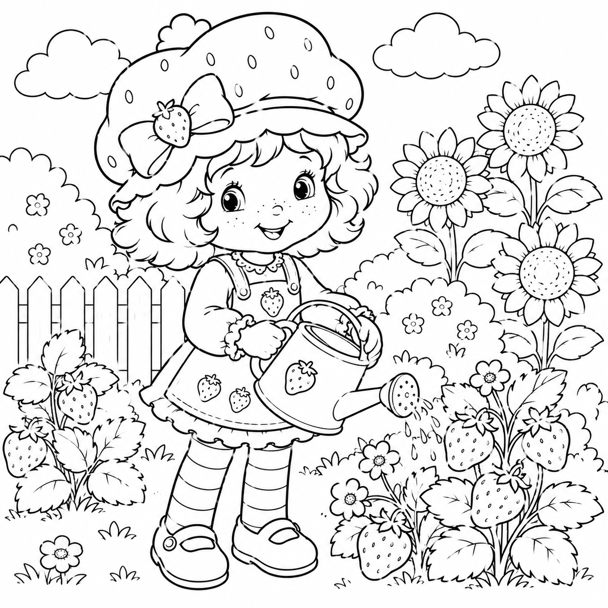 Strawberry Shortcake in Her Berry Garden coloring page tending strawberry plants and sunflowers
